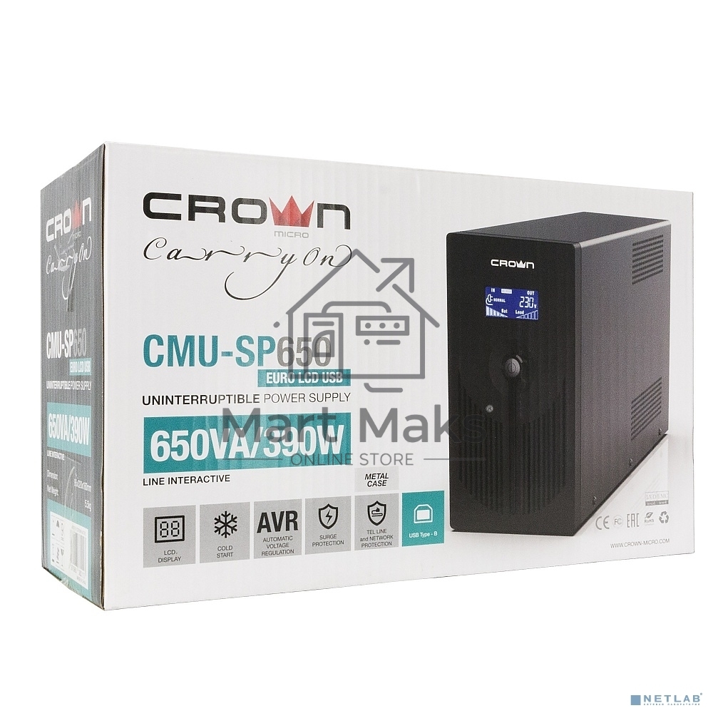 Источник бесперебойного питания CROWN Line Intractive CMU-SP650EURO LCD USB 650VA\390W, корпус металл, 1x12V/7AH, розетки 2*EURO+3*IEC, трансформатор AVR 140-290V, LCD-дисплей, съёмный кабель 1.2 м, порт RJ11/45, порт USB, защита: от перегрузки, от КЗ, от