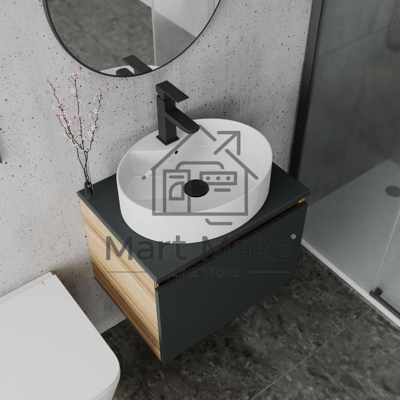 Комплект для ванной, 4 предмета (Тумба подвесная Blackwood 60 графит + Раковина BAU 51х41, с отв. под см-ль + Смеситель Hotel Black, выпуск черный)