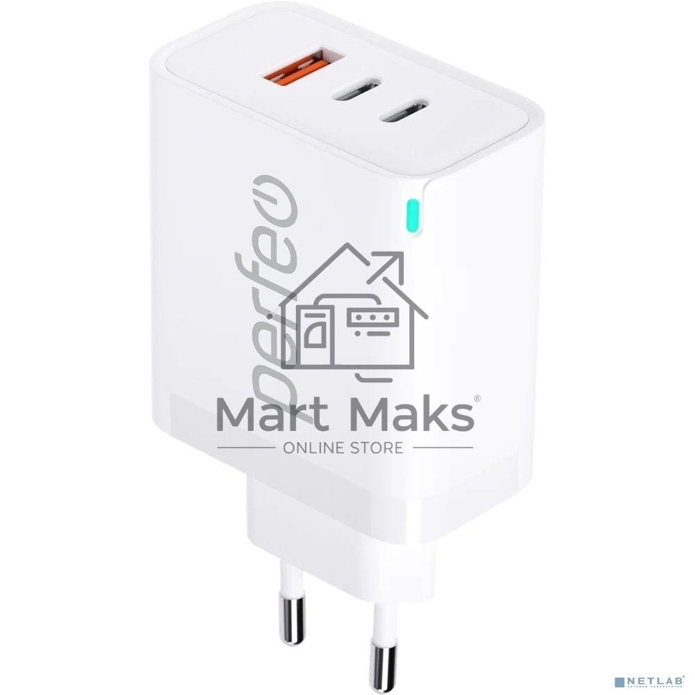 Сетевое зарядное устройство с тремя разъемами PERFEO USB-A+2xTYPE-C, GaN, 65W, белый (I4655)