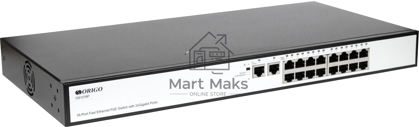 Неуправляемый PoE-коммутатор ORIGO OS1218P/190W/A1A 16x100Base-TX PoE+, 2x1000Base-T, PoE-бюджет 190 Вт, корпус металл