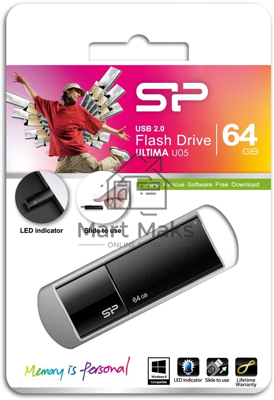 Флешка USB R/W 64GB Silicon Power Ultima U05, USB 2.0, черный