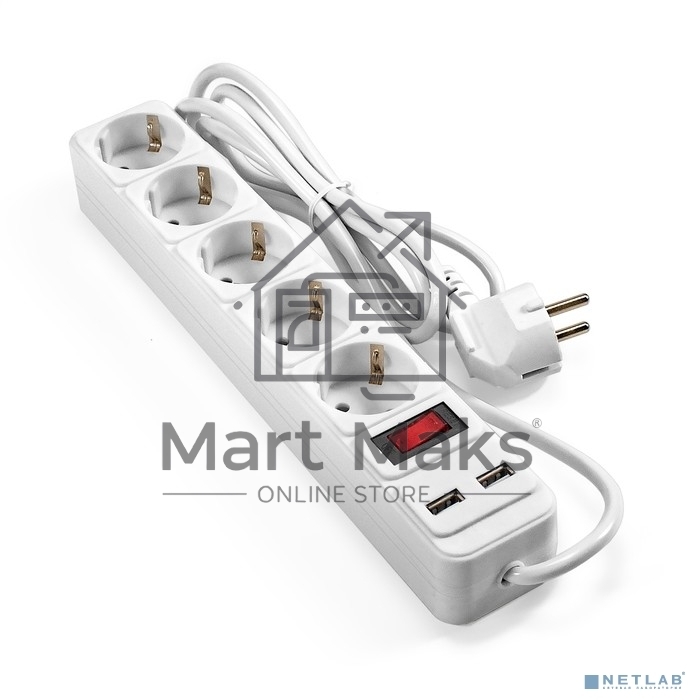 Сетевой фильтр-удлинитель с USB зарядкой ExeGate SP-5-USB-1.8W (5 евророзеток с заземлением, 2 USB-A 2A, 1.8м, защита от перегрузки, выключатель с подсветкой, белый)