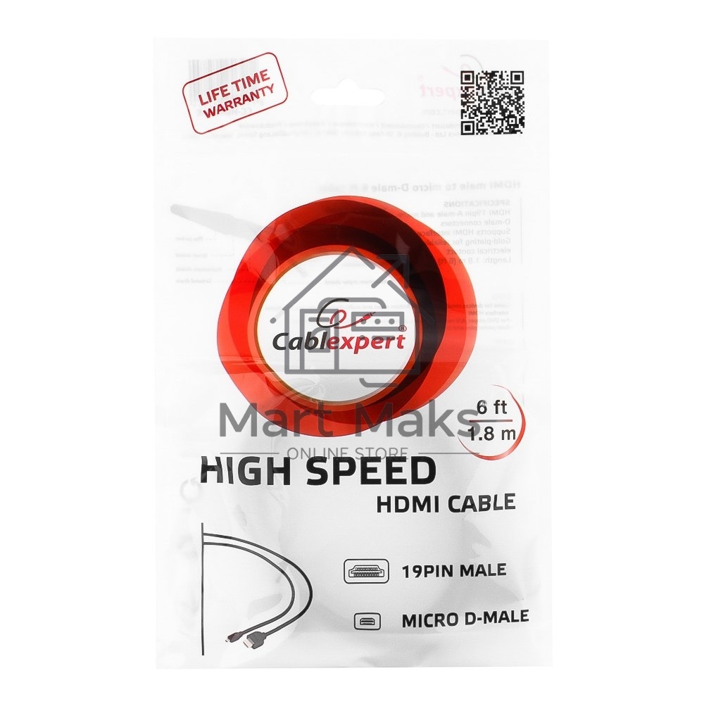 Кабель Cablexpert HDMI-micro HDMI CC-HDMID-6, 19M/19M, v2.0, медь, позол.разъемы, экран, 1.8м, черный, пакет