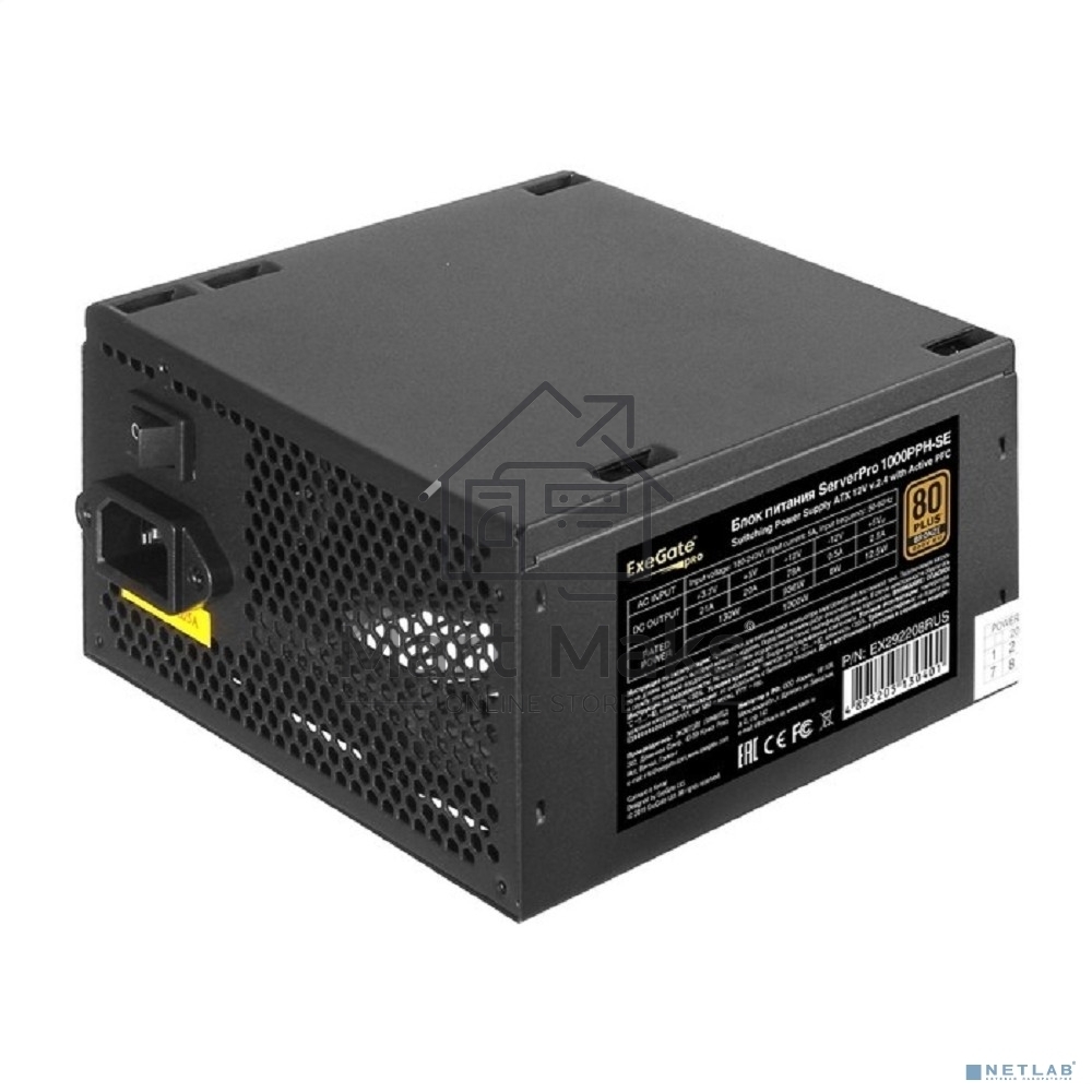 Серверный блок питания1000W ExeGate EX292208RUS ServerPRO 80 PLUS Bronze, 1000PPH-SE (ATX, for 3U+ cases, APFC, КПД 89% (80 PLUS Bronze), 12cm fan, 24pin, 2x(4+4)p, 6xPCI-E, 8xSATA, 4xIDE, box, black)