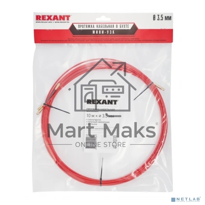 Протяжка кабельная Rexant (мини УЗК в бухте), стеклопруток, d=3,5 мм 10 м, красная