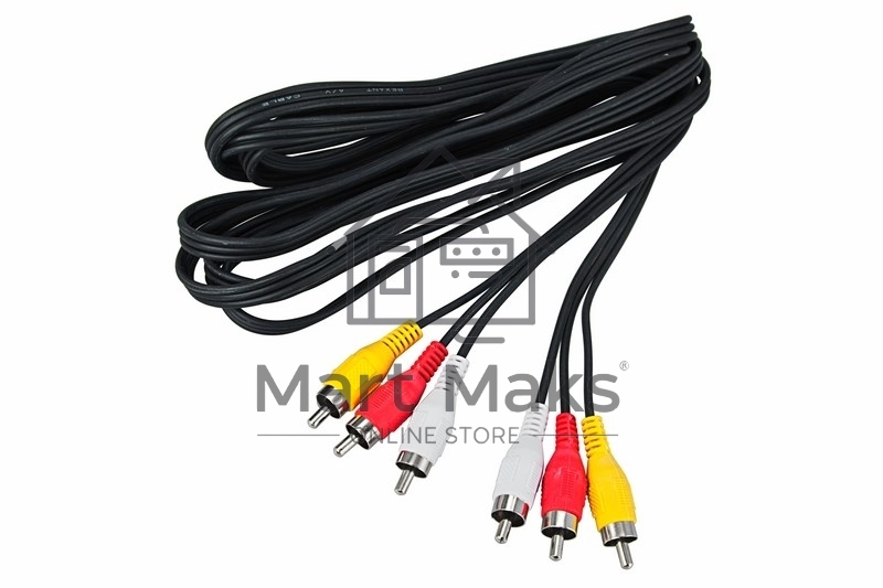 Шнур Rexant 3 RCA - 3 RCA, 5 м, черный (10 шт./уп.)