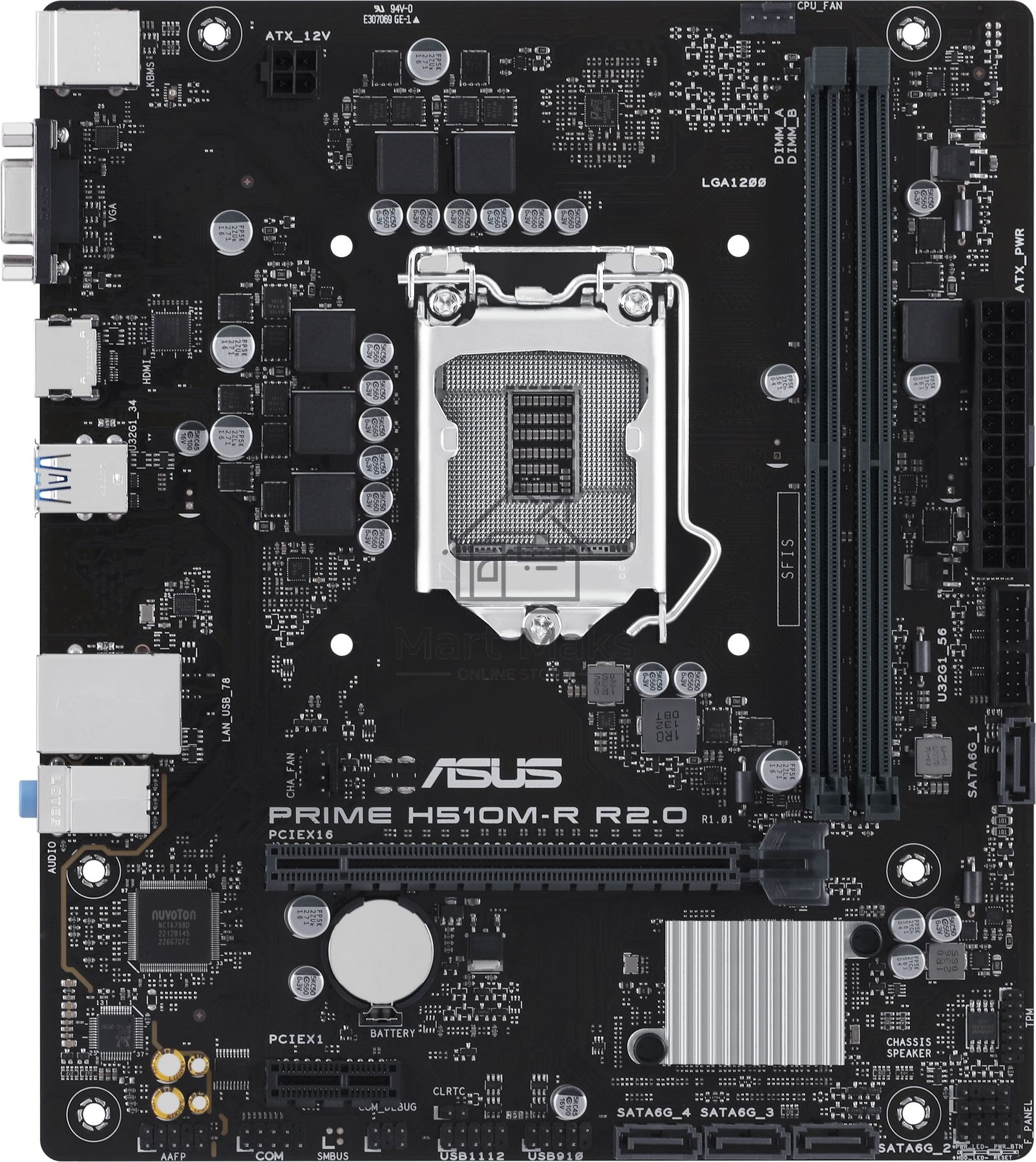 Материнская плата ASUS PRIME H510M-R R2.0-SI, LGA 1200, Intel H470, 2xDDR4, 4xSATA, 1xPCIe 4.0 x16, 1xPCIe x1, 1xHDMI, 1xVGA, 2xUSB-A 3.2 Gen 1, 2xUSB-A 2.0, 1x 1Gb LAN, 3x3.5 мм, 7.1, mATX