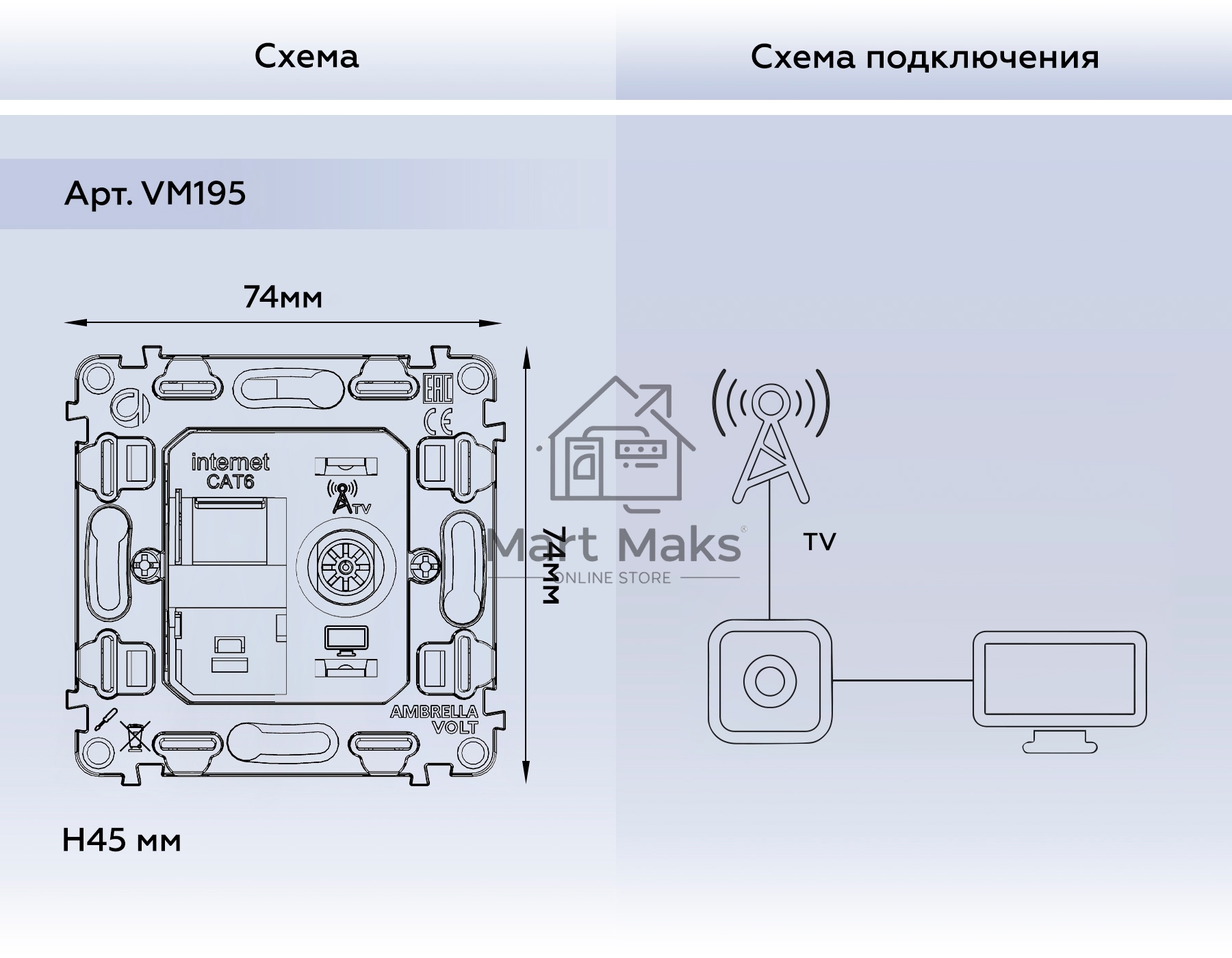 Механизм розетки компьютерной + TV оконечной RJ-45 (8P8C) CAT6/50-870 MHz 1dB с автоматической защитной шторкой QUANT VM195