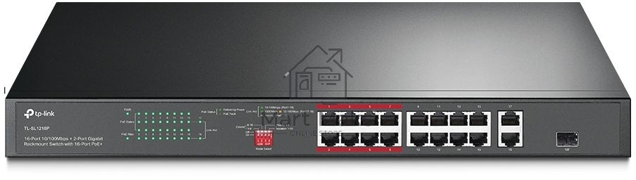 Коммутатор TP-Link 16-port 10/100Mbps + 2-port Gigabit unmanaged switch with 16 PoE+ ports, compliant with 802.3af/at PoE, 150W PoE budget,  support 250m Extend Mode, priority mode and Isolation mode, rackmount, plug and play.