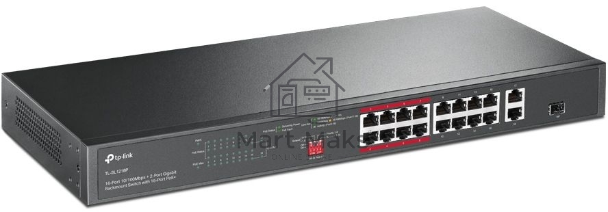 Коммутатор TP-Link 16-port 10/100Mbps + 2-port Gigabit unmanaged switch with 16 PoE+ ports, compliant with 802.3af/at PoE, 150W PoE budget,  support 250m Extend Mode, priority mode and Isolation mode, rackmount, plug and play.