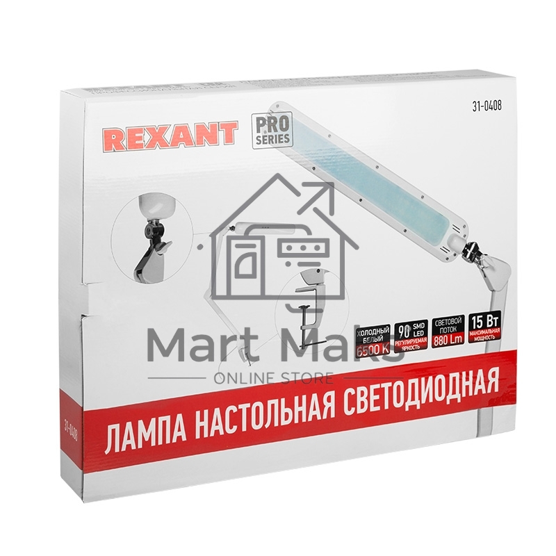 Лампа настольная бестеневая Rexant, струбцина, «ECO light t», 90 SMD LED, сенсорный диммер, белая