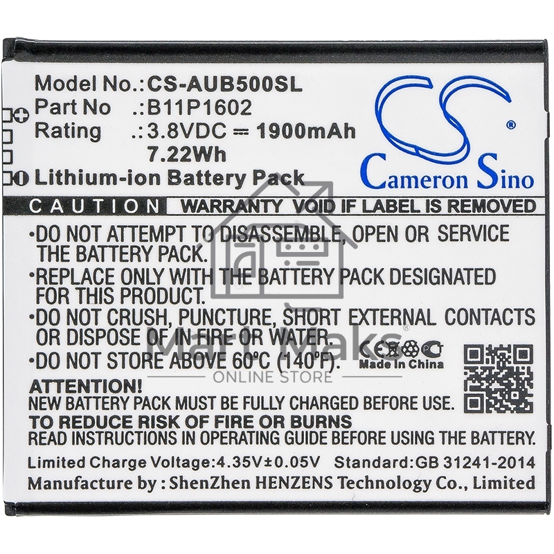 Аккумулятор CameronSino CS-AUB500SL B11P1602 для Asus ZenFone Go 5.03.8V / 1900mAh / 7.22Wh