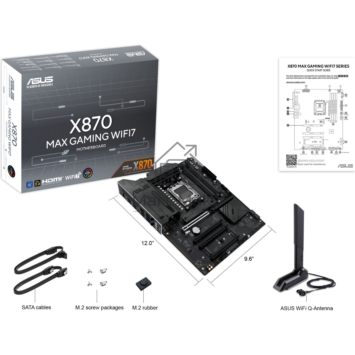 Материнская плата ASUS X870 MAX GAMING WIFI7, AM5, AMD X870, 4xDDR5, 4xSATA, 3xM.2, 1xPCIe 5.0 x16, 2xPCIe 4.0 x16, 1xPCIe x1, 1xHDMI, 2xUSB-C 40Gbps (USB4), 1xUSB-A 10Gbps, 3xUSB-A 5Gbps, 4xUSB-A 2.0, 1x2.5Gb LAN, Wi-Fi 7, Bluetooth 5.4, 3x3.5 мм, 7.1, A