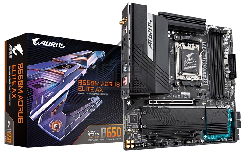Материнская плата Gigabyte B650M AORUS ELITE AX, AM5, AMD B650, 4xDDR5, 4xSATA, 2xM.2, 1xPCI-E 5.0 x4, 1xPCI-E 4.0 x16, 1xHDMI, 1xDP, 1x 2.5Gb LAN, 4xUSB-A 2.0, 5xUSB-A 3.2 Gen 1, 2xUSB-A 3.2 Gen 2, 1xUSB-C 3.2 Gen 2, 2x3.5 мм, 7.1, Micro-ATX
