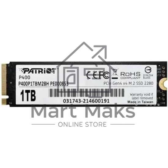 Накопитель SSD Patriot P400, 1Tb, PCIe 4.0 x4, M.2 2280, NVMe, R/W 5000/4800, с радиатором