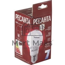 Лампа светодиодная Ресанта LL-R-A60-7W-230-4K-E27 груша, 7 Вт, нейтральный, Е27
