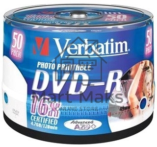 Диск DVD-R Verbatim 4.7Gb 16x Cake Box (50шт) Printable (43533)