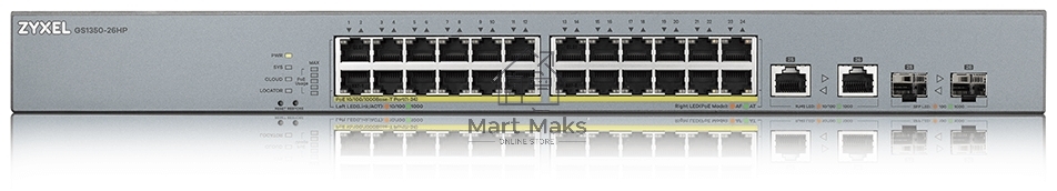 Коммутатор Zyxel GS1350-26HP, 24xGE PoE+, 2xCombo (SFP/RJ-45), бюджет PoE 375 Вт, дальность передачи питания до 250 м, автоперезагрузка PoE-портов, повышенная защита от перенапряжений и электростатических разряд