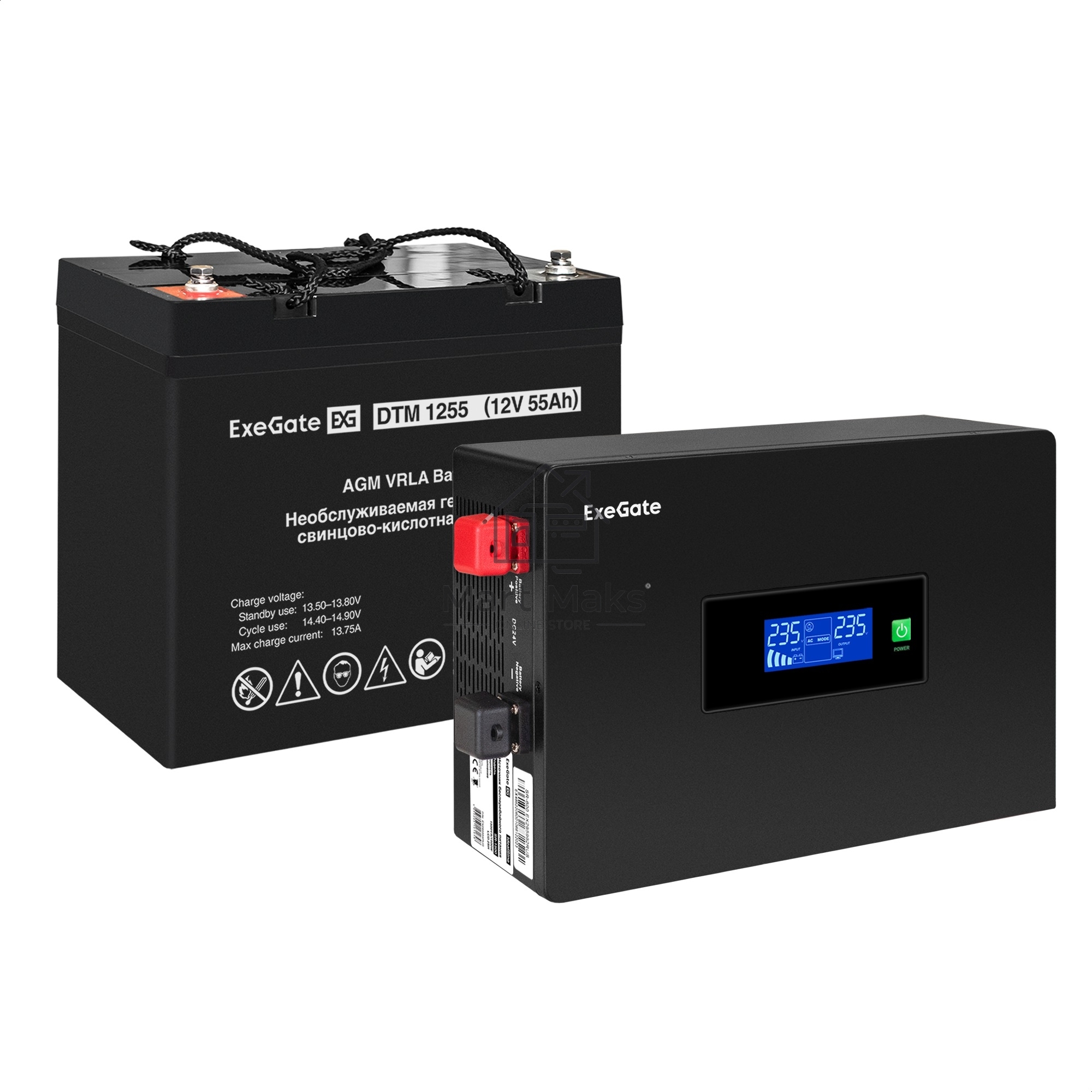 Комплект ИБП EX295993RUS + батарея 55Aч EX285667RUS 1шт (инвертор, синус, для котла, PF=1, настенный) ExeGate IdealSine SR-1000.LCD.2SH  <1000VA/1000W, чистая синусоида, цветной LCD-дисплей, 2*Schuko, крепление настенное, Black> + батарея ExeGate DTM 1255