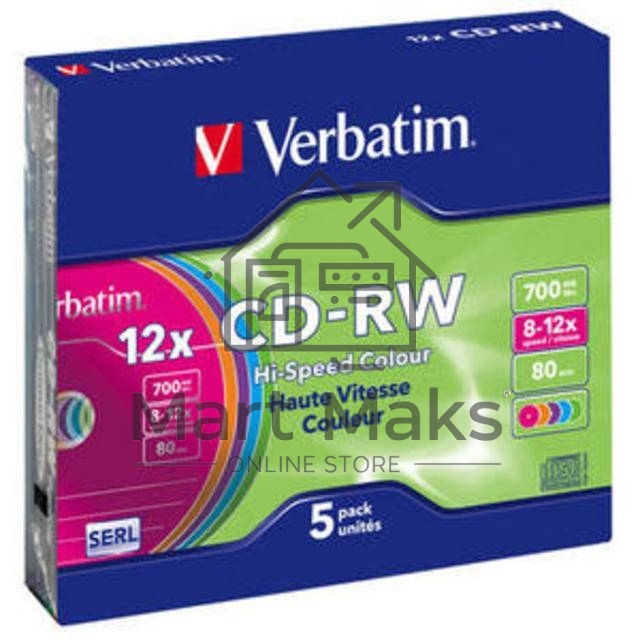 Диск CD-RW Verbatim 700Mb 12x Slim case (5шт) Color (43167)