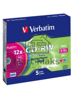 Диск CD-RW Verbatim 700Mb 12x Slim case (5шт) Color (43167)