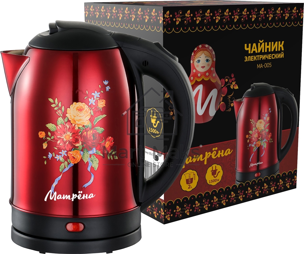 Чайник Матрена MA-005 электрический (2,0 л) стальной красный хохлома