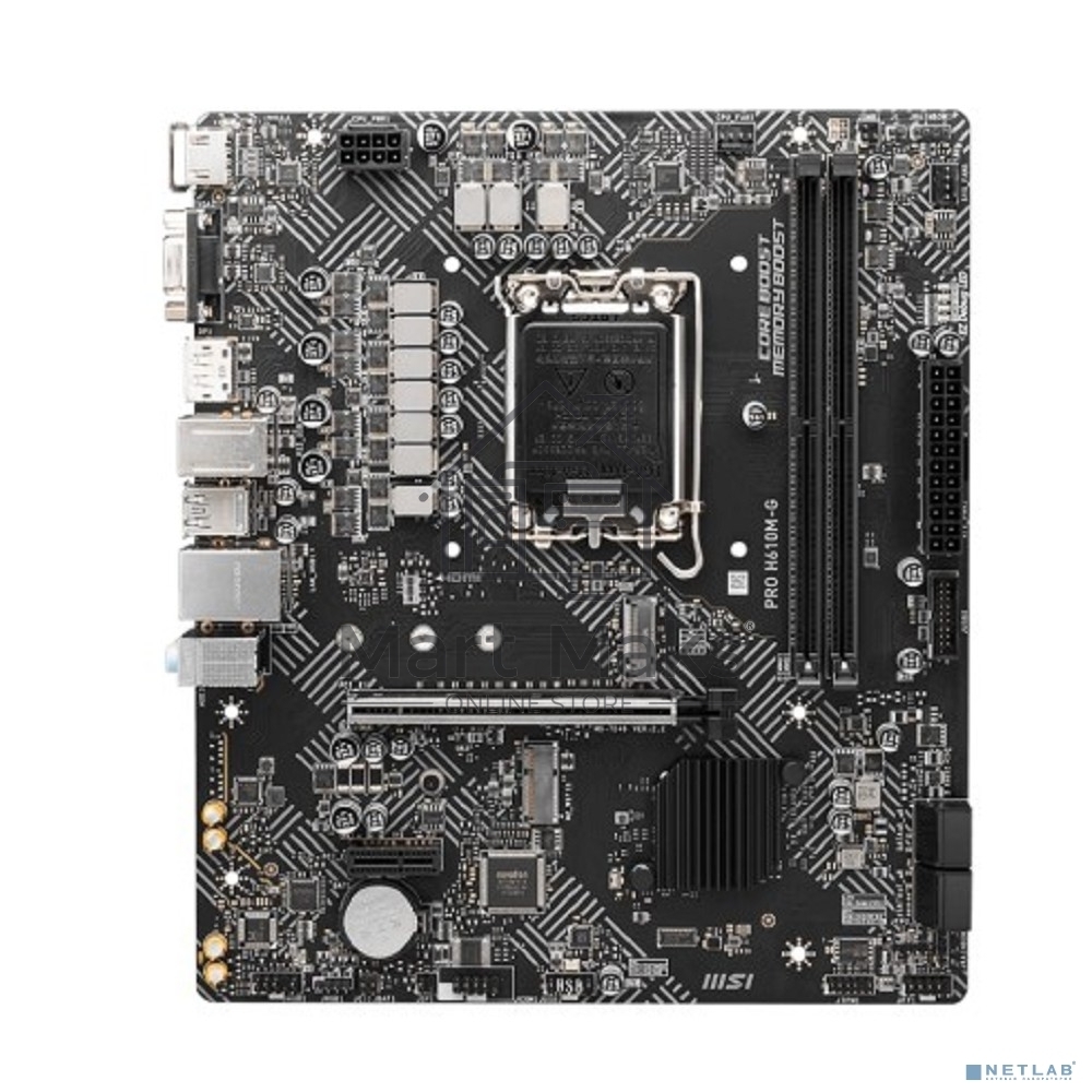 Материнская плата MSI PRO H610M-G, LGA 1700, Intel H610, 2xDDR5, 4xSATA, 1xM.2, 1xPCIe 4.0 x16, 1xPCIe 3.0 x1, 1xHDMI, 1xDP, 1xVGA, 1xRJ45 1Gb, 2xUSB-A 3.2 Gen 1, 4xUSB-A 2.0, 3x3.5мм, 7.1, mATX