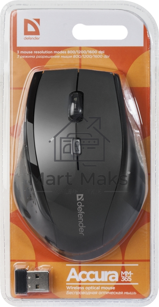 Мышь беспроводная Defender Accura MM-365 черный, 1600 dpi, радиоканал, USB, кнопки - 6
