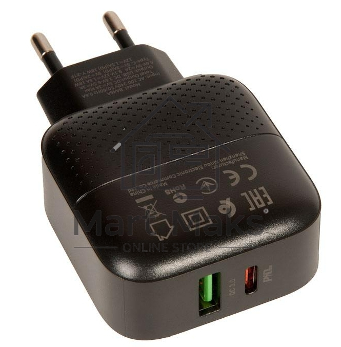 Зарядное устройство BOROFONE BA46A Premium, один порт USB, один порт Type-C, PD, 18W, 5V, 3.0A, черный