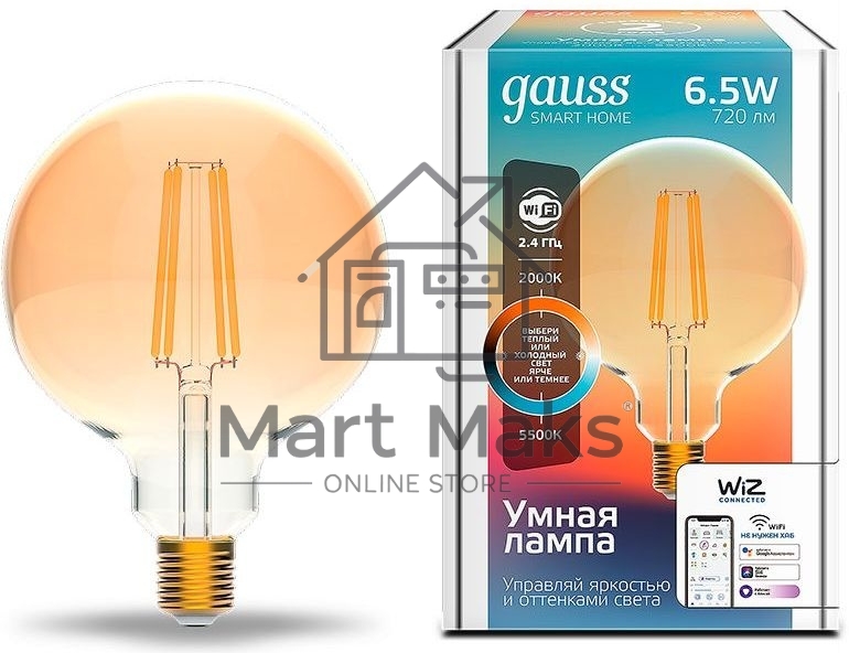 Лампа светодиодная филаментная Gauss Smart Home DIM+CCT E27 G95 Golden 6,5 Вт 2000-5500 К 1/40