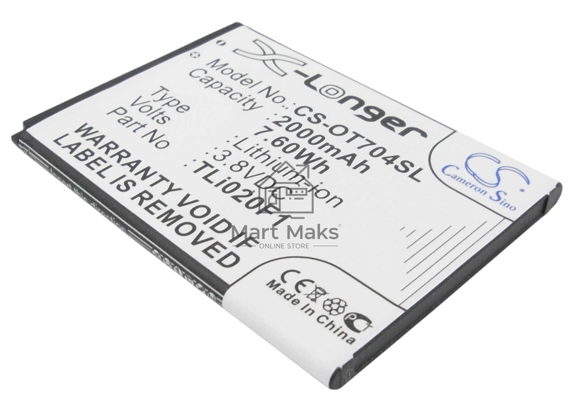 Аккумулятор CameronSinoCS-OT704SL TLi020F1 для Alcatel One Touch 7040, 7041, 6036, 5042 3.8V / 2000mAh / 7.60Wh
