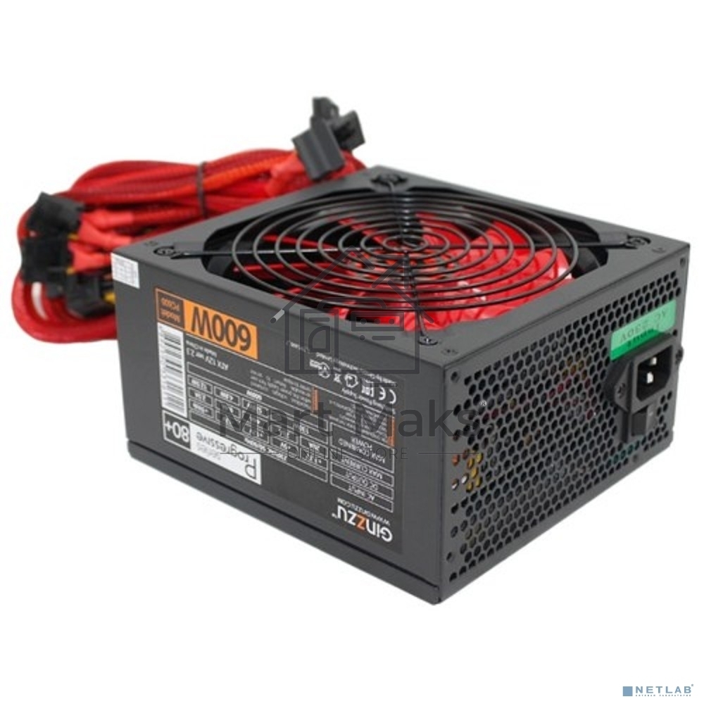 Блок питания Ginzzu PC600 Red, 600Вт, 80 PLUS, 140мм, черный / красный