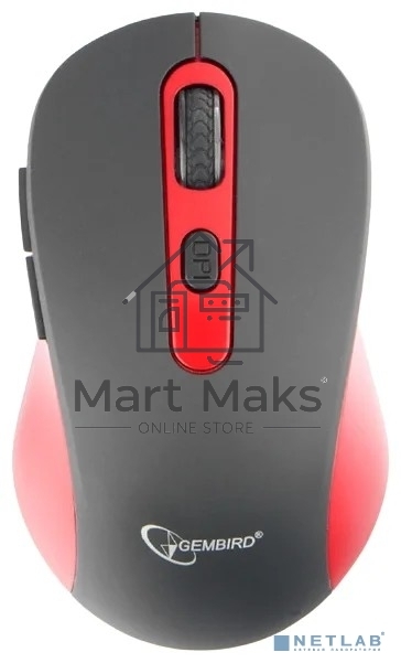Мышь беспроводная Gembird MUSW-221-R черный/красный, 1600 dpi, радиоканал, USB, кнопки - 6