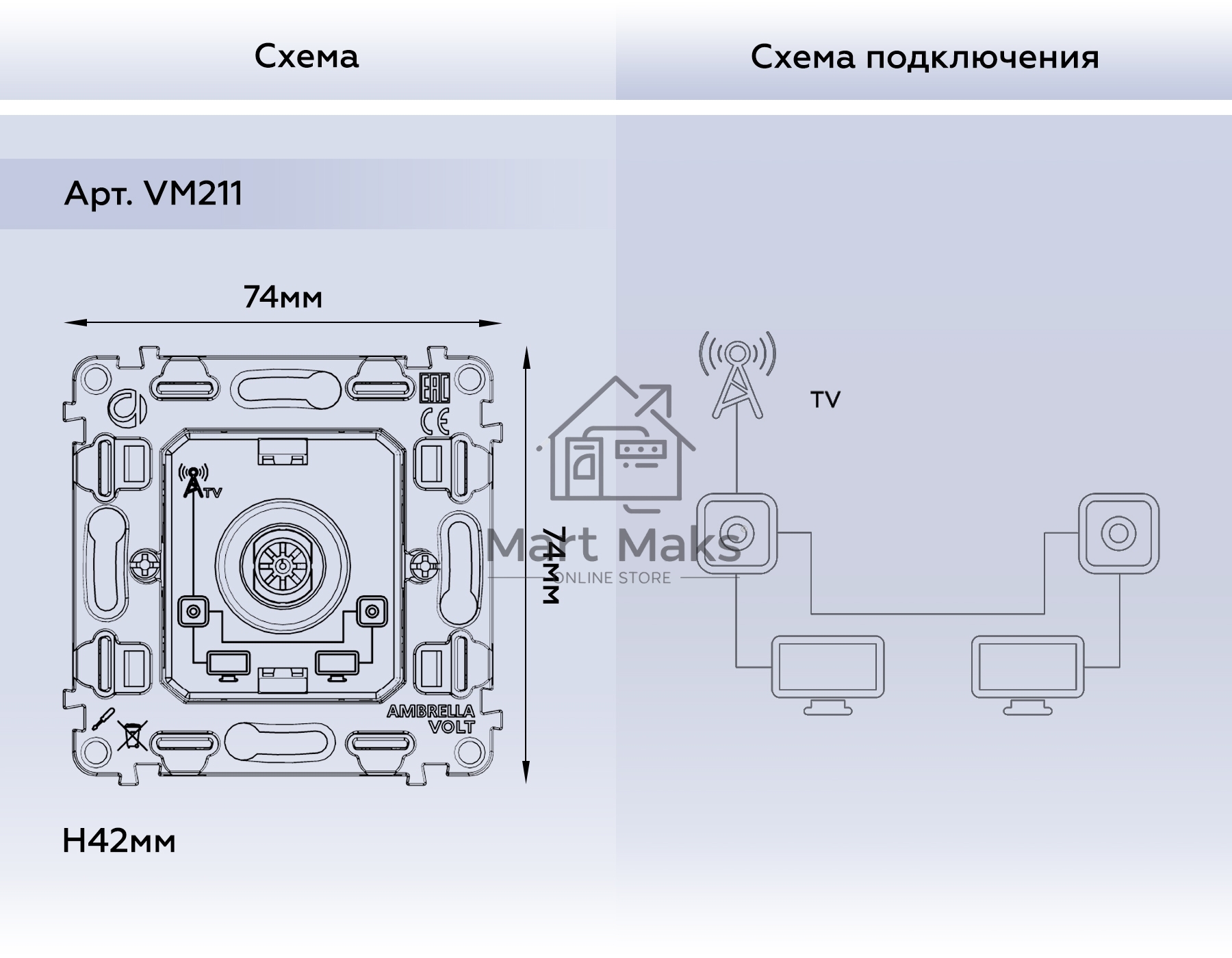 Механизм TV розетки проходной 5-1000 MHz 4dB QUANT VM211