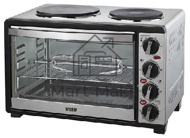 Мини-печь Mystery MOT-3330 (нержавеющая сталь, 1500 Вт, 2 конфорки, гриль, съемный вертел)