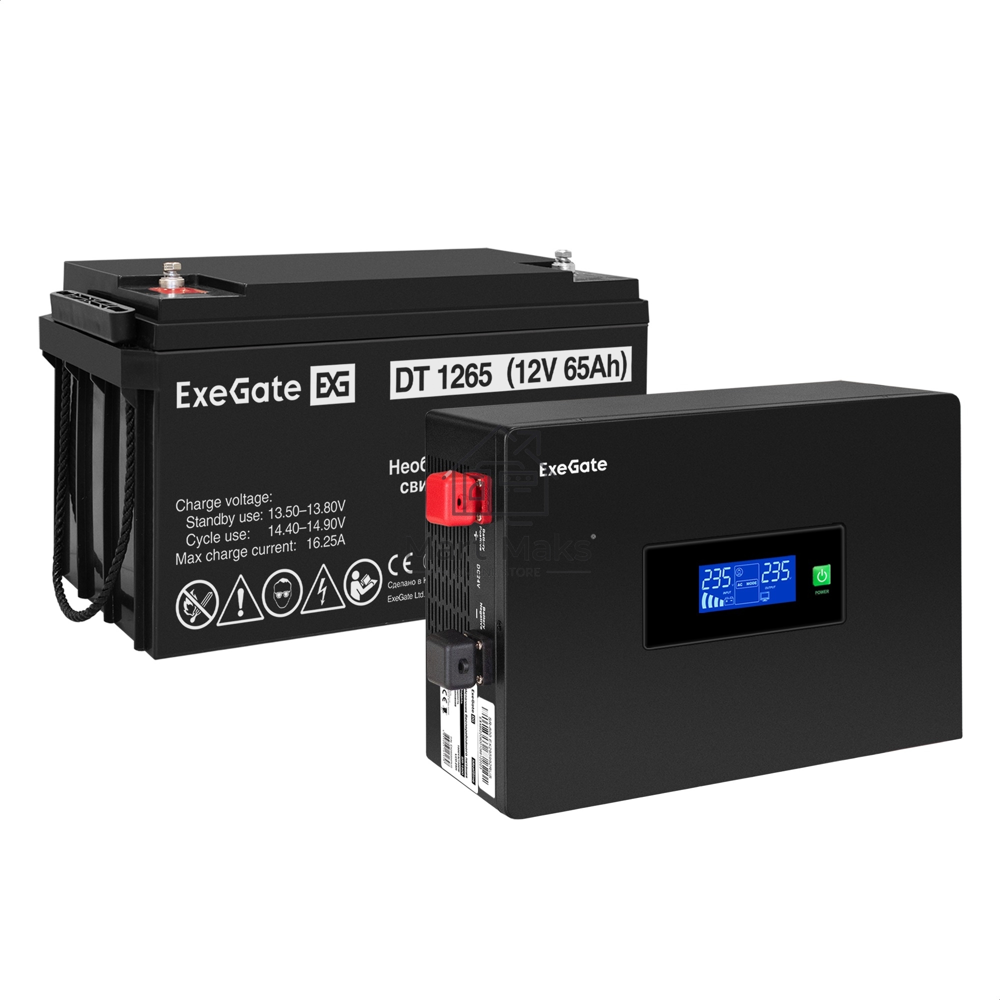 Комплект источника бесперебойного питания Exegate EX295993RUS + батарея 65Aч EX282980RUS 1шт (инвертор, синус, для котла, PF=1, настенный) ExeGate IdealSine SR-1000.LCD.2SH  <1000VA/1000W, чистая синусоида, цветной LCD-дисплей, 2*Schuko, крепление настенн