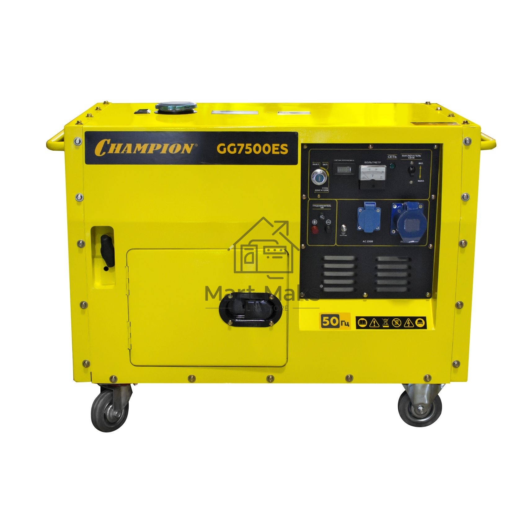 ГенераторCHAMPION GG7500ES5.5/6кВт OHV420 16лс 15л 126кг 2.5л/ч 12V эл.старт колеса шумозащита
