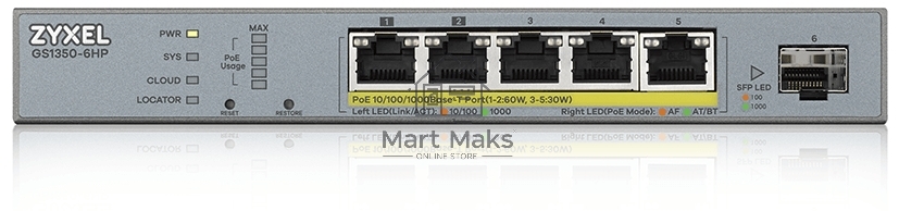 Коммутатор Zyxel GS1350-6HP, 4xGE PoE+, 1xGE PoE++ (802.3bt), 1xSFP, бюджет PoE 60 Вт, дальность передачи питания до 250 м, автоперезагрузка PoE-портов, повышенная защита от перенапряжений и электростатических р