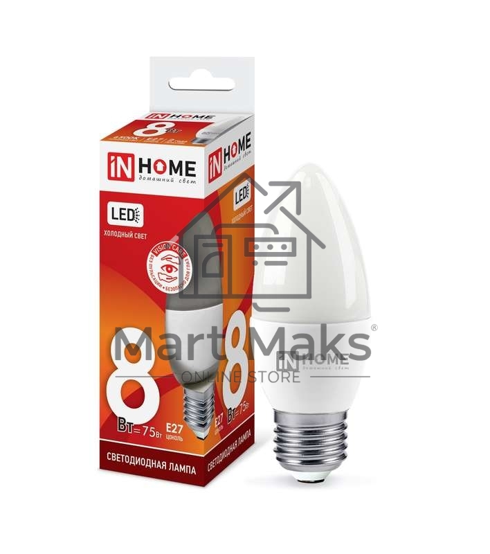 Лампа светодиодная LED-СВЕЧА-VC 8Вт 230В E27 6500К 720лм IN HOME 4690612024820