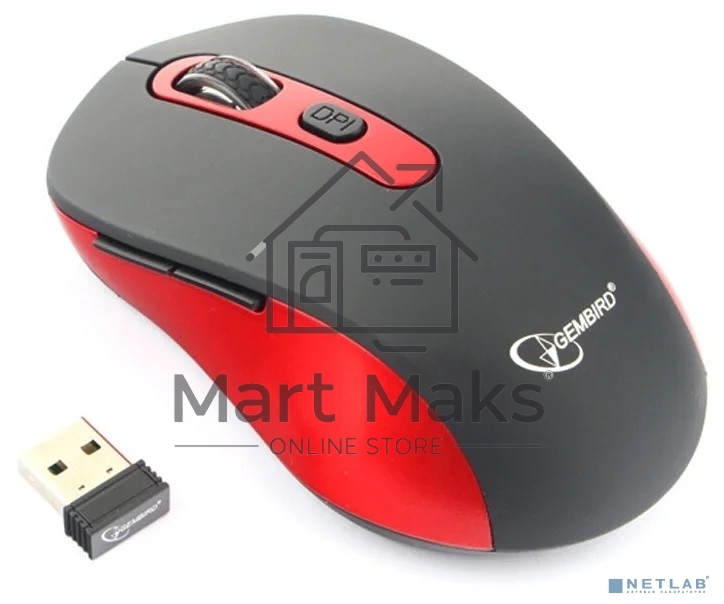 Мышь беспроводная Gembird MUSW-221-R черный/красный, 1600 dpi, радиоканал, USB, кнопки - 6