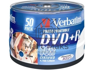 Диск DVD+R Verbatim 4.7Gb 16x Cake Box (50шт) Printable (43512)