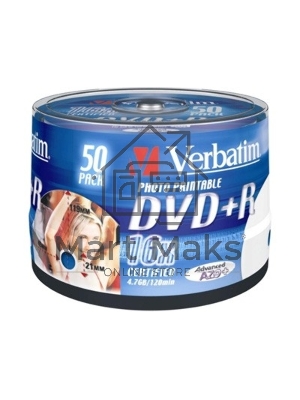 Диск DVD+R Verbatim 4.7Gb 16x Cake Box (50шт) Printable (43512)