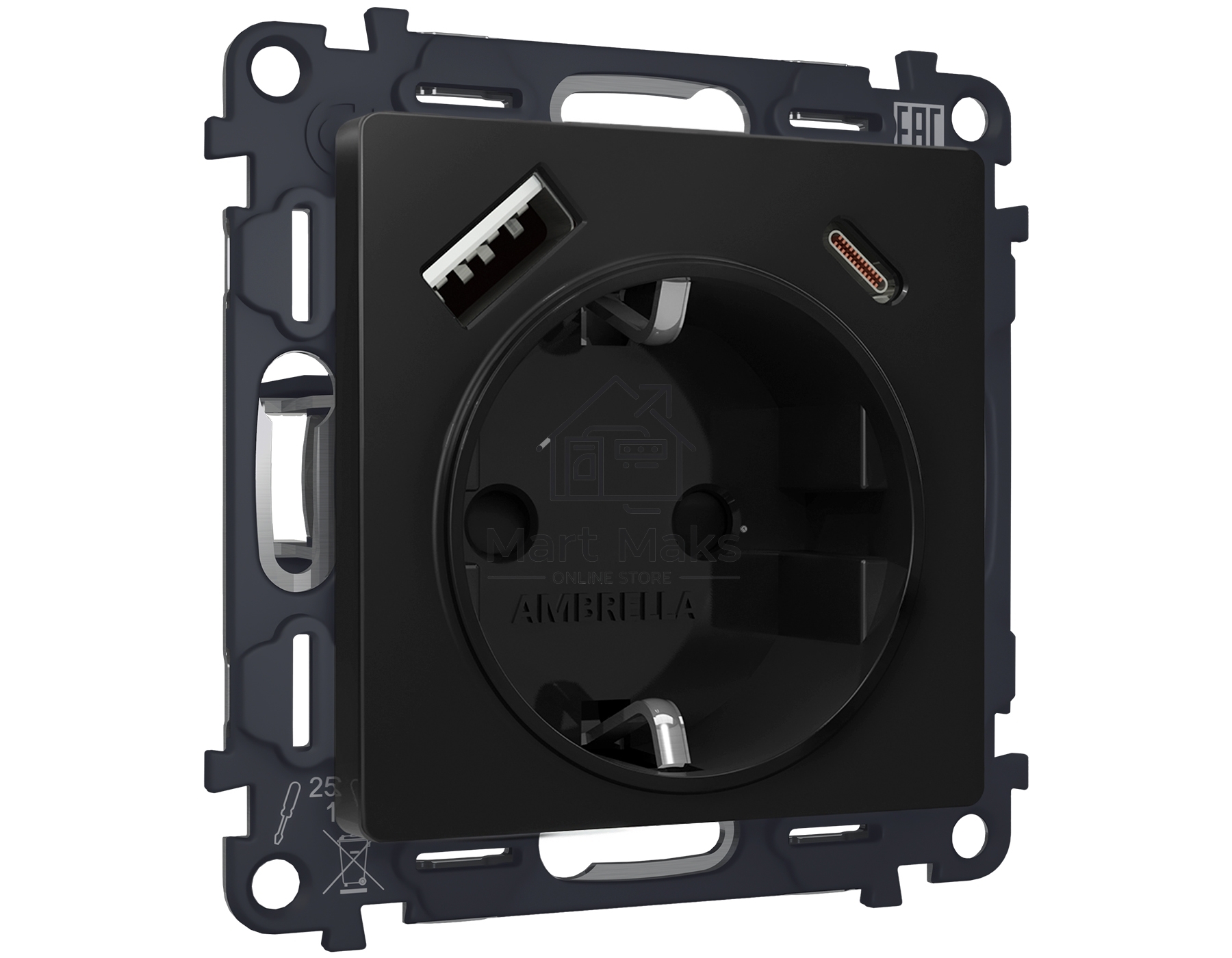 Комплект механизма электрической розетки ALFA Черный матовый 2USB A+C 20W (быстрая зарядка) с/з QUANT (AP8100, VM160) MA810010