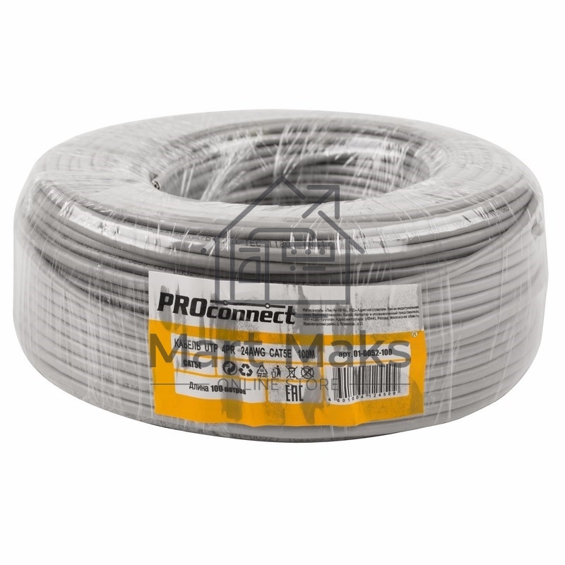 Кабель UTP PROconnect 4PR 24AWG, CU (медь), CAT5E, 100 МГц, PVC, серый, бухта 100 м
