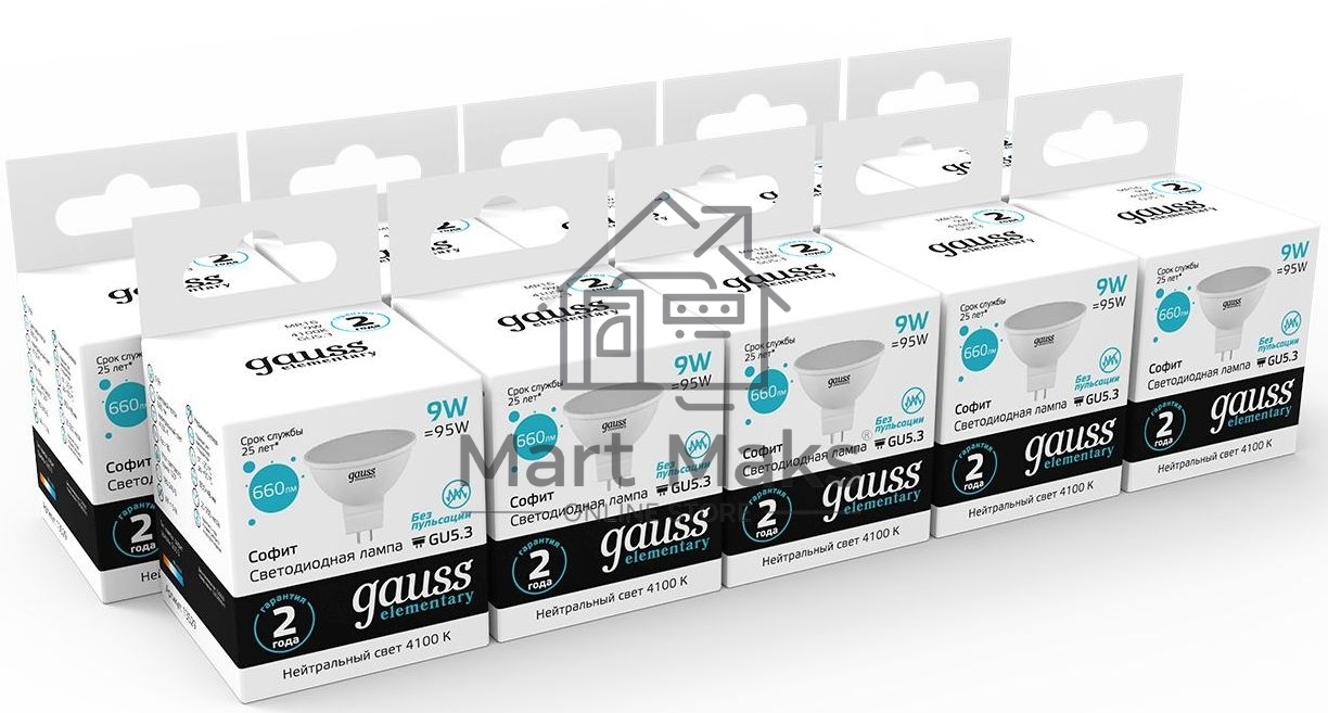 Лампа светодиодная Gauss Elementary MR16 9Вт цок.:GU5.3 спот 220B 4100K св.свеч.бел.нейт. MR16 (упак.:10шт) (13529)