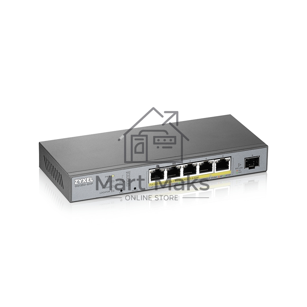Коммутатор Zyxel GS1350-6HP, 4xGE PoE+, 1xGE PoE++ (802.3bt), 1xSFP, бюджет PoE 60 Вт, дальность передачи питания до 250 м, автоперезагрузка PoE-портов, повышенная защита от перенапряжений и электростатических р