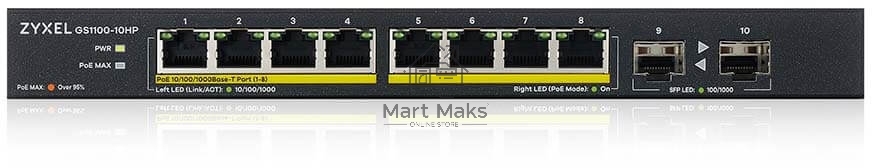 Коммутатор PoE+ Zyxel GS1100-10HP, 8xGE PoE+, 2xSFP, настольный, бесшумный, бюджет PoE 130 Вт