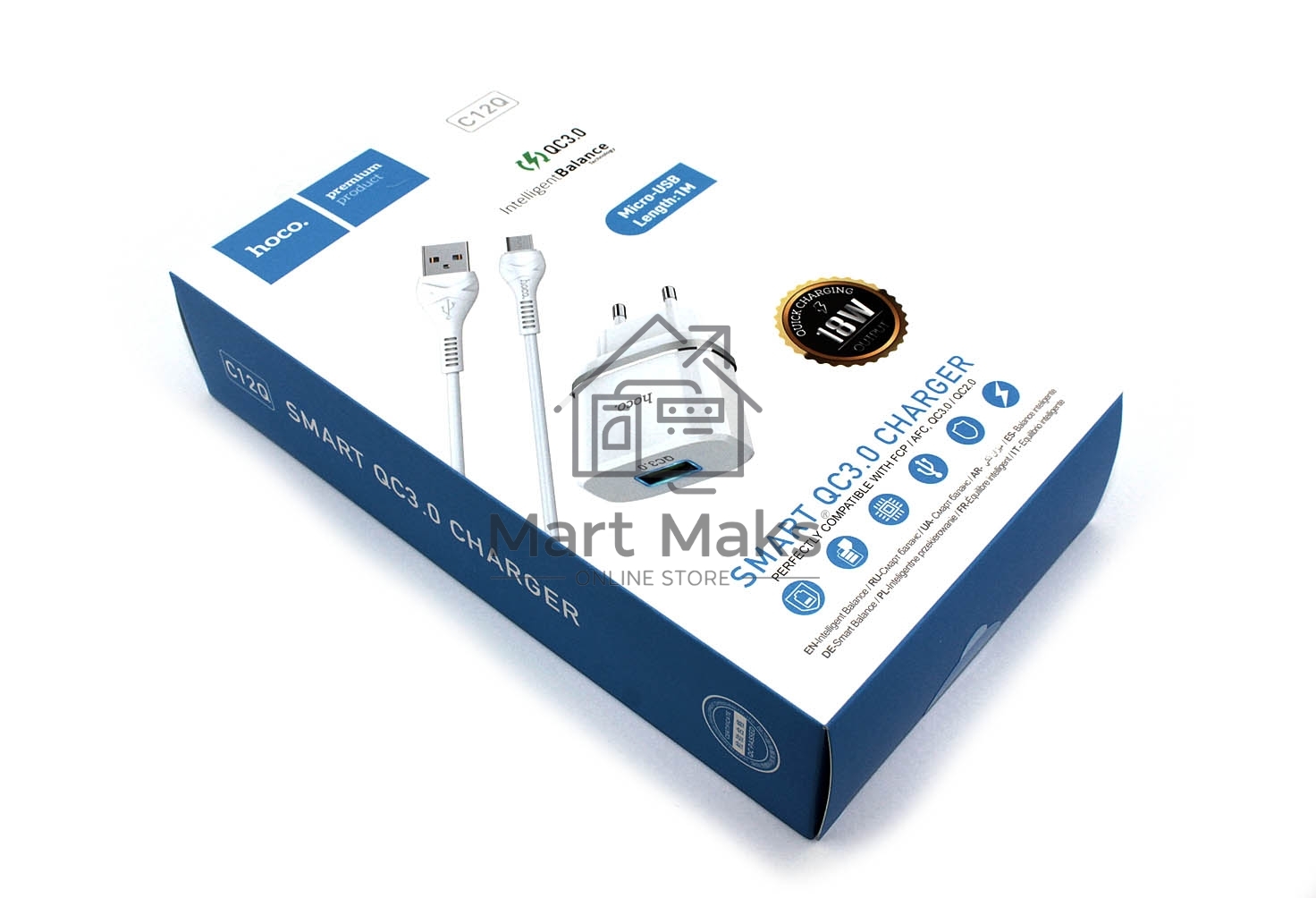 Блок питания (сетевой адаптер) HOCO С12Q Smart QC3.0, кабель Micro USB, USB, 5V, 3.0A, белый