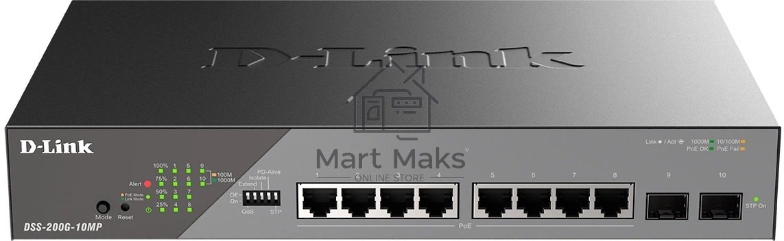 Сетевой коммутатор Smart L2 Surveillance Switch 8х1000Base-T PoE, 2x1000Base-X SFP, PoE Budget 130W, Long-range PoE up to 250m