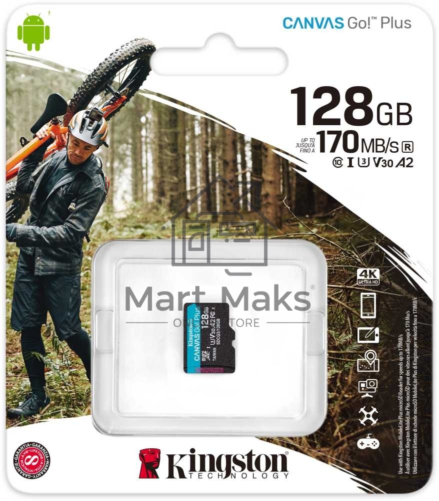 Флеш карта Kingston 128GB microSDXC Canvas Go Plus 170R A2 U3 V30 Single Pack w/o ADP EAN: 740617301243